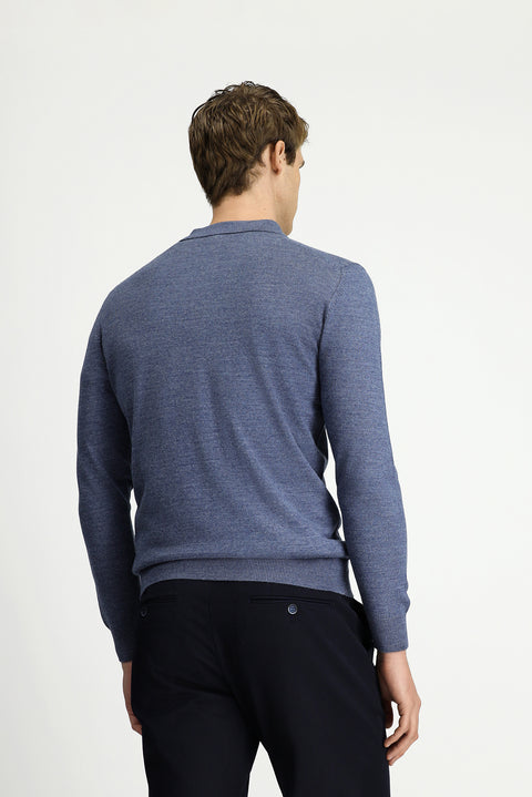 Indigo Melange Polo Collar Button-Down Regular Fit Warm Wool Knit Sweater