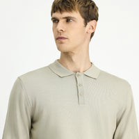 Light Beige Polo Collar Button-Down Regular Fit Warm Wool Knit Sweater