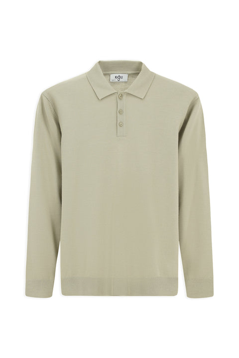 Light Beige Polo Collar Button-Down Regular Fit Warm Wool Knit Sweater