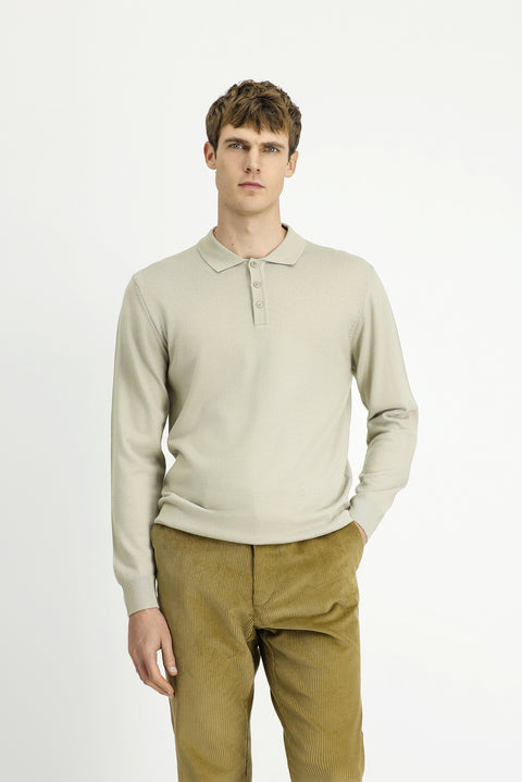 Light Beige Polo Collar Button-Down Regular Fit Warm Wool Knit Sweater