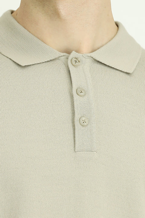 Light Beige Polo Collar Button-Down Regular Fit Warm Wool Knit Sweater