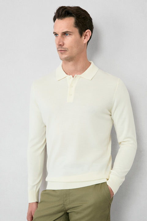 Off-white Polo Collar Button-Down Regular Fit Warm Wool Knit Sweater