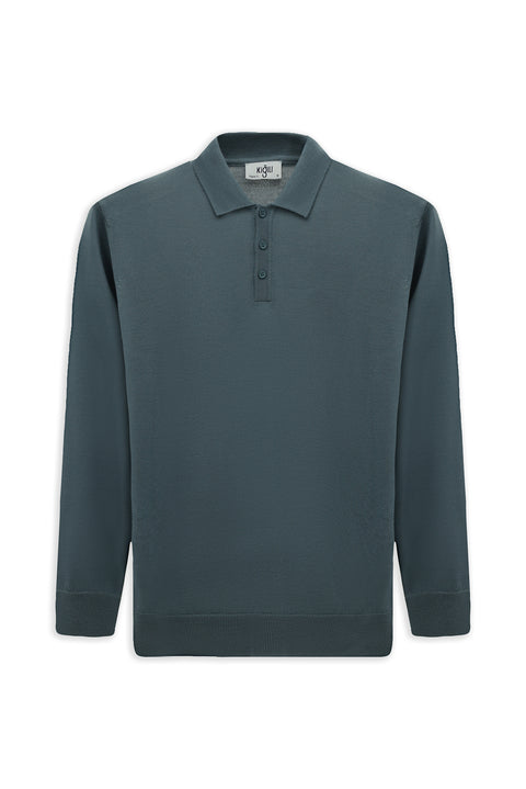 Moss Green Polo Collar Button-Down Regular Fit Warm Wool Knit Sweater