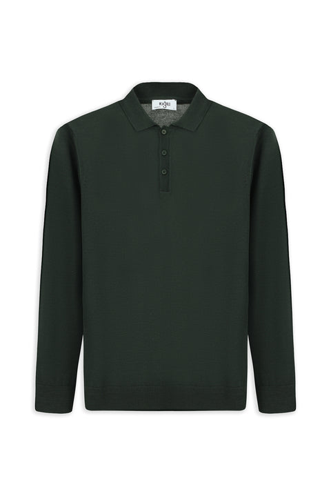 Military Khaki Polo Collar Button-Down Regular Fit Warm Wool Knit Sweater