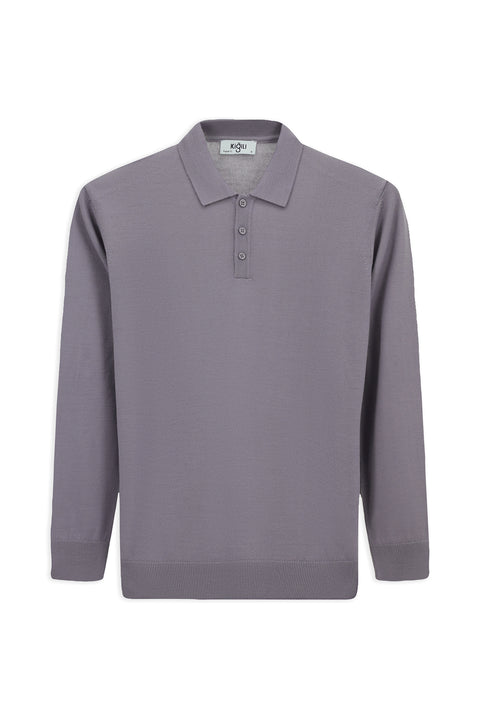 Lilac Polo Collar Button-Down Regular Fit Warm Wool Knit Sweater