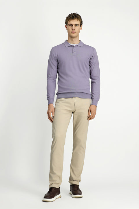 Lilac Polo Collar Button-Down Regular Fit Warm Wool Knit Sweater