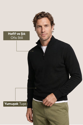  Siyah Regular Fit Yarım Balıkçı Yaka Fermuarlı Triko Kazak