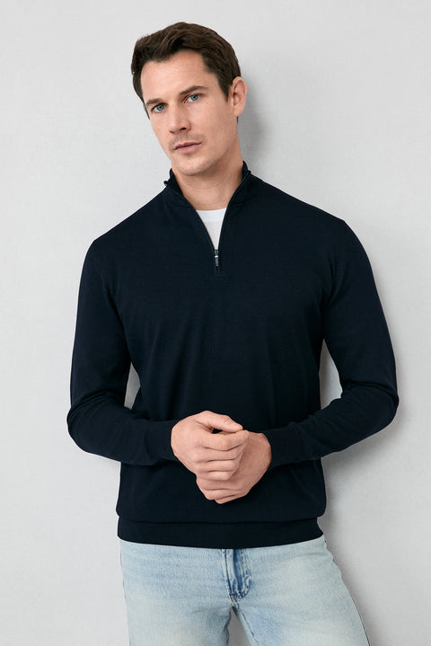 Koyu Lacivert Regular Fit Yarım Balıkçı Yaka Fermuarlı Triko Kazak