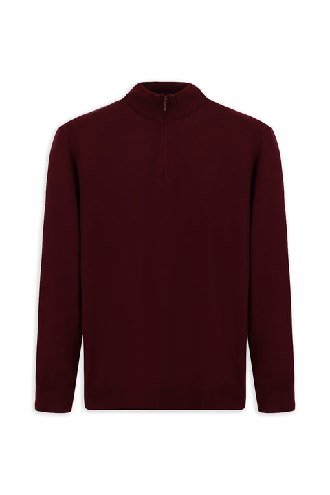 Dark Burgundy Regular Fit Half Turtleneck Zip-Up Knit Sweater