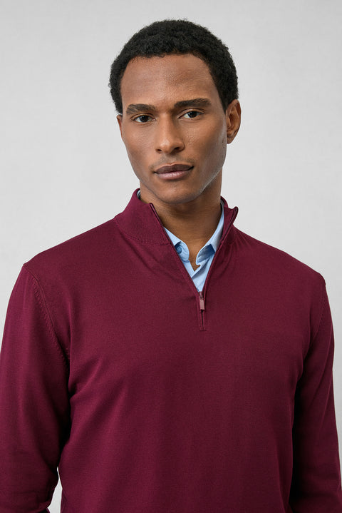 Dark Burgundy Regular Fit Half Turtleneck Zip-Up Knit Sweater