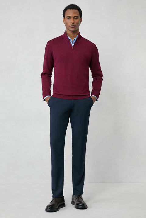 Dark Burgundy Regular Fit Half Turtleneck Zip-Up Knit Sweater