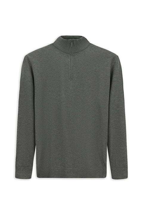 Medium Anthracite Melange Regular Fit Half Turtleneck Zip-Up Knit Sweater