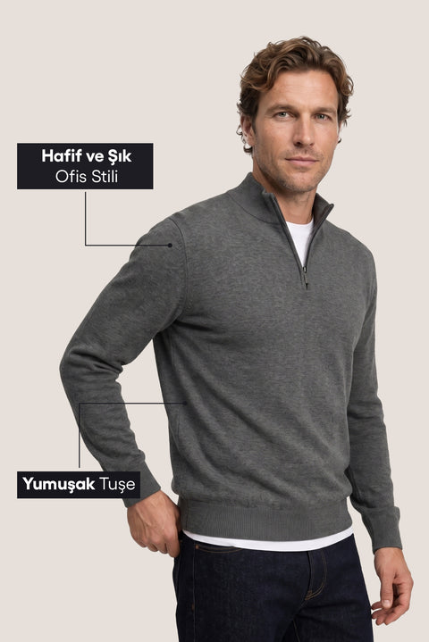 Medium Anthracite Melange Regular Fit Half Turtleneck Zip-Up Knit Sweater