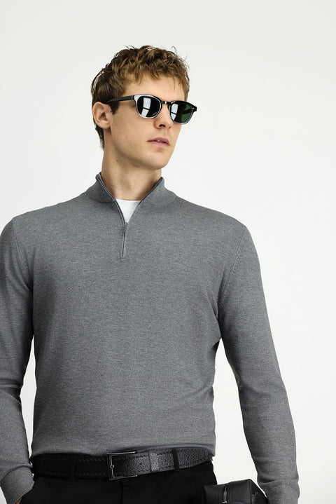 Medium Anthracite Melange Regular Fit Half Turtleneck Zip-Up Knit Sweater