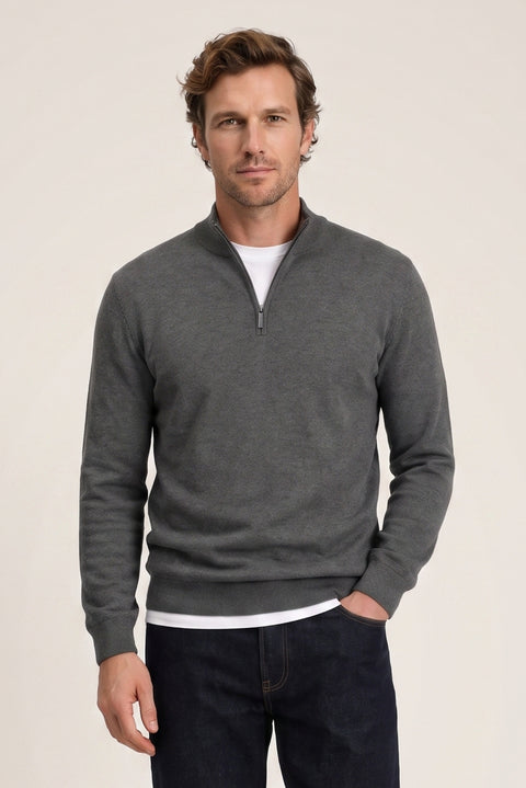 Medium Anthracite Melange Regular Fit Half Turtleneck Zip-Up Knit Sweater