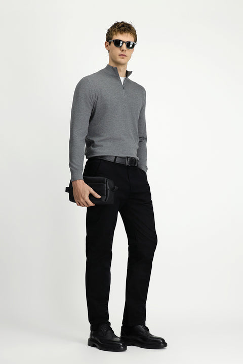 Medium Anthracite Melange Regular Fit Half Turtleneck Zip-Up Knit Sweater