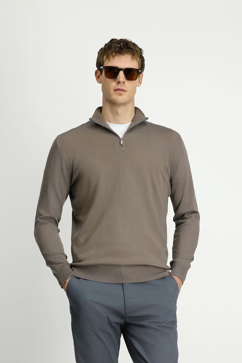 Medium Mink Regular Fit Half Turtleneck Zip-Up Knit Sweater