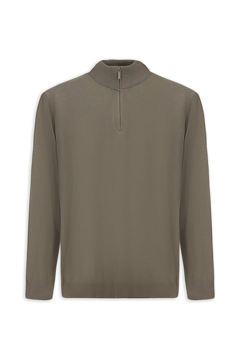 Medium Mink Regular Fit Half Turtleneck Zip-Up Knit Sweater