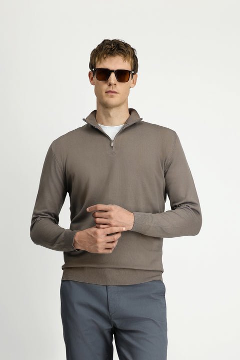 Medium Mink Regular Fit Half Turtleneck Zip-Up Knit Sweater