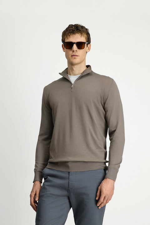 Medium Mink Regular Fit Half Turtleneck Zip-Up Knit Sweater