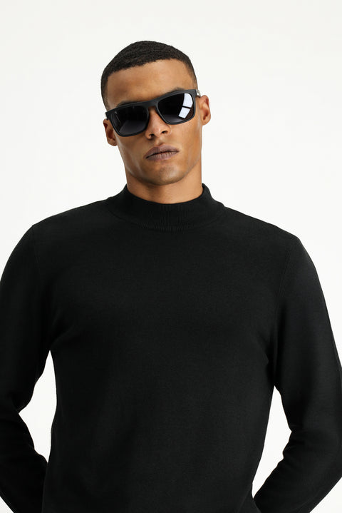 Black Half Turtleneck Regular Fit Cotton Knit Sweater