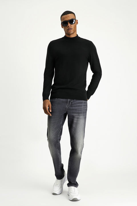 Black Half Turtleneck Regular Fit Cotton Knit Sweater