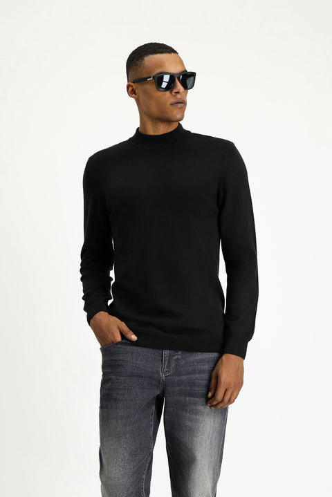 Black Half Turtleneck Regular Fit Cotton Knit Sweater