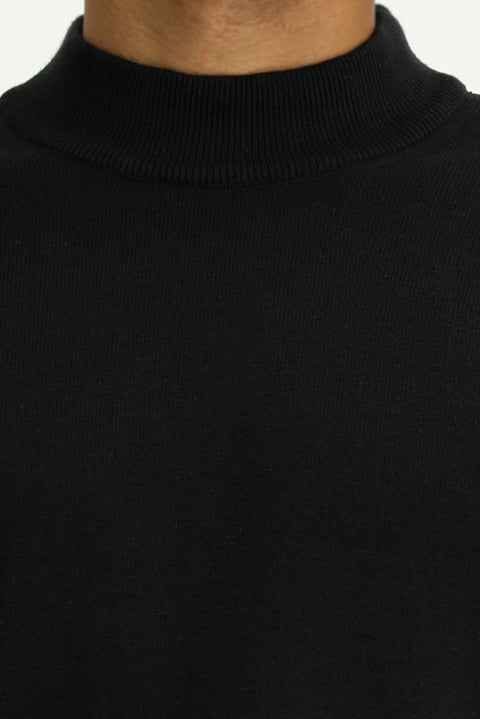 Black Half Turtleneck Regular Fit Cotton Knit Sweater