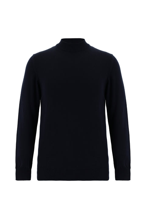 Dark Navy Semi-Turtleneck Regular Fit Cotton Knit Sweater