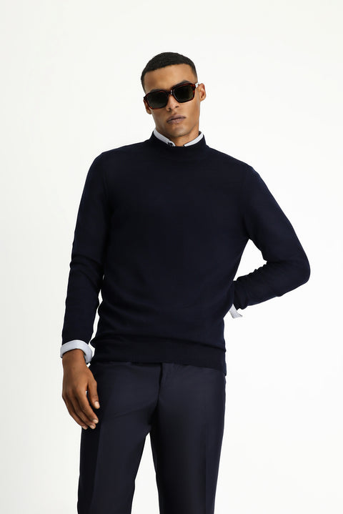Dark Navy Semi-Turtleneck Regular Fit Cotton Knit Sweater