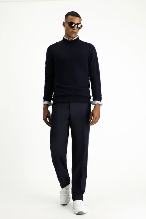 Dark Navy Semi-Turtleneck Regular Fit Cotton Knit Sweater