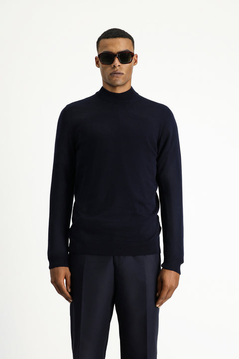 Dark Navy Semi-Turtleneck Regular Fit Cotton Knit Sweater