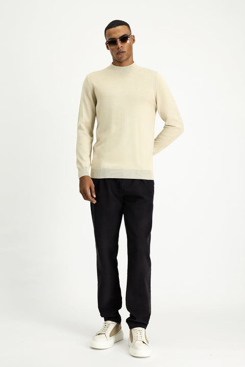 Medium Beige Half Turtleneck Regular Fit Cotton Knit Sweater