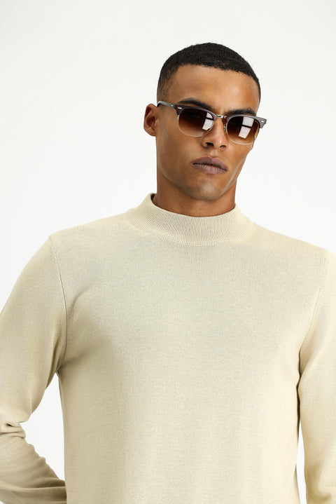 Medium Beige Half Turtleneck Regular Fit Cotton Knit Sweater