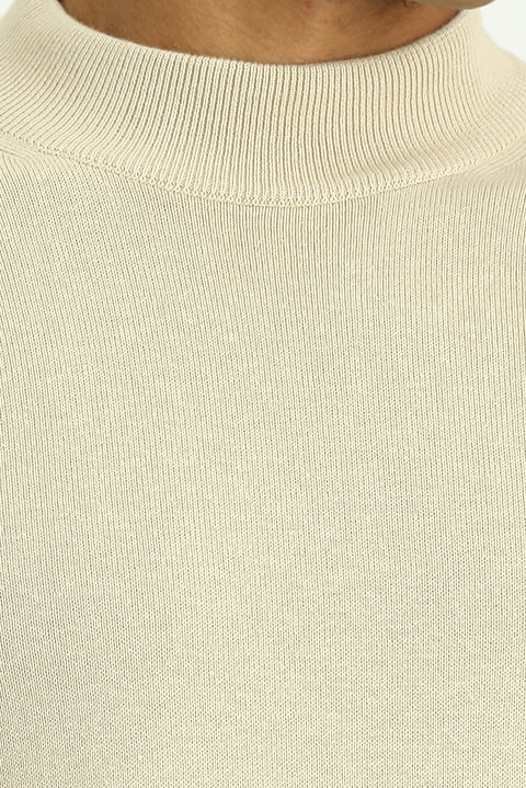 Medium Beige Half Turtleneck Regular Fit Cotton Knit Sweater