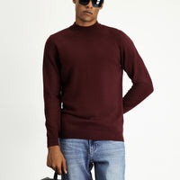 Dark Burgundy Half Turtleneck Regular Fit Cotton Knit Sweater