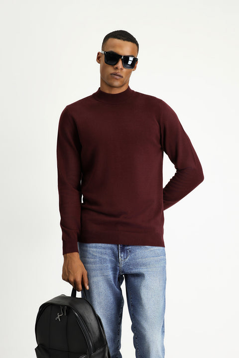 Dark Burgundy Half Turtleneck Regular Fit Cotton Knit Sweater