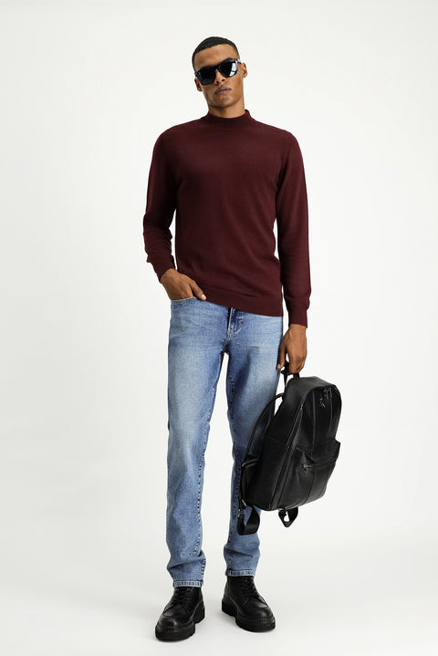 Dark Burgundy Half Turtleneck Regular Fit Cotton Knit Sweater