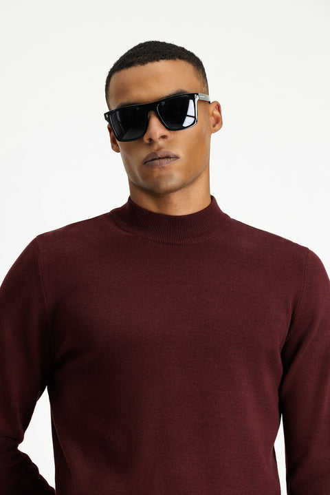 Dark Burgundy Half Turtleneck Regular Fit Cotton Knit Sweater
