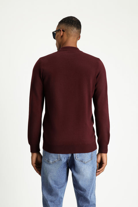 Dark Burgundy Half Turtleneck Regular Fit Cotton Knit Sweater