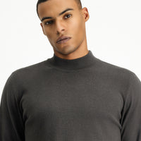 Dark Anthracite Melange Semi-Turtleneck Regular Fit Cotton Knit Sweater