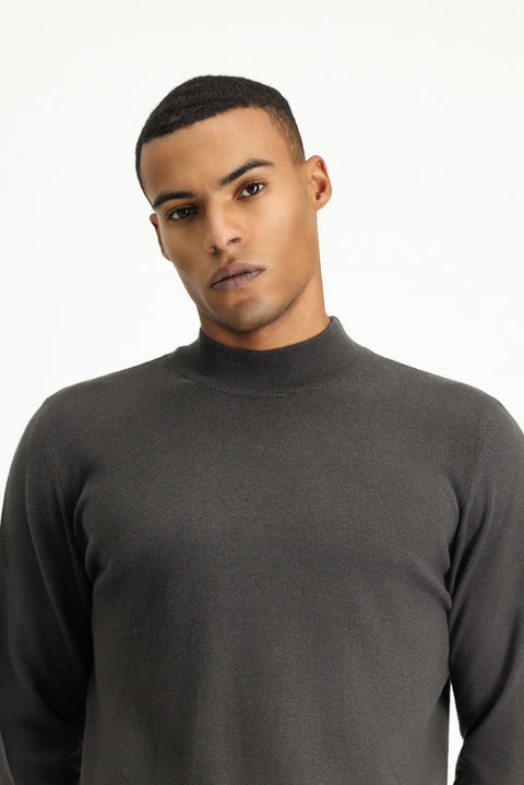 Dark Anthracite Melange Semi-Turtleneck Regular Fit Cotton Knit Sweater