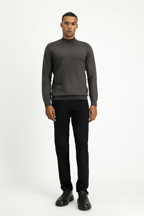 Dark Anthracite Melange Semi-Turtleneck Regular Fit Cotton Knit Sweater