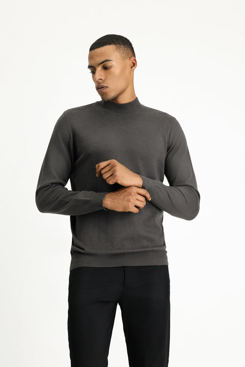 Dark Anthracite Melange Semi-Turtleneck Regular Fit Cotton Knit Sweater
