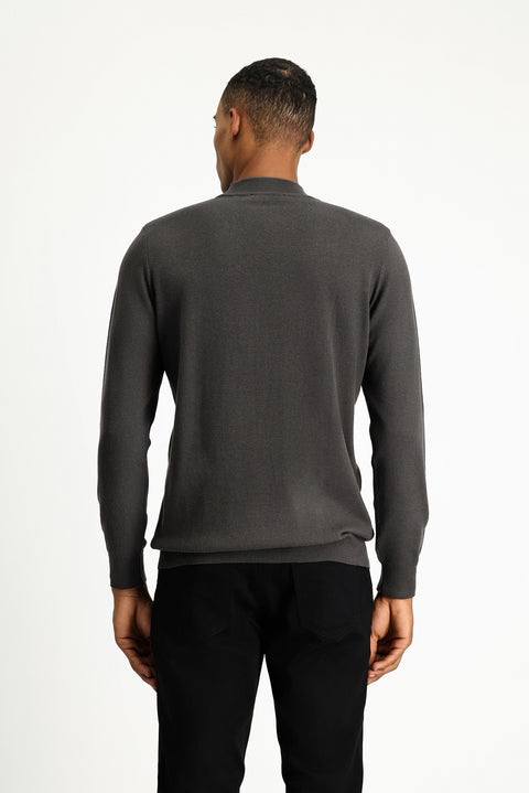 Dark Anthracite Melange Semi-Turtleneck Regular Fit Cotton Knit Sweater