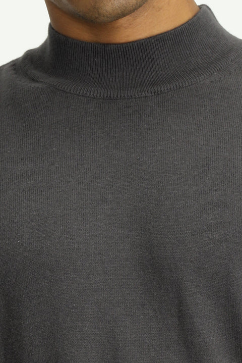 Dark Anthracite Melange Semi-Turtleneck Regular Fit Cotton Knit Sweater