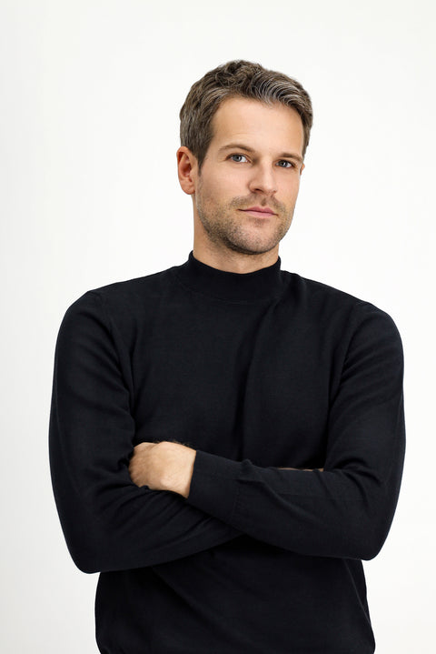 Black Half Turtleneck Regular Fit Cotton Cashmere Knit Sweater