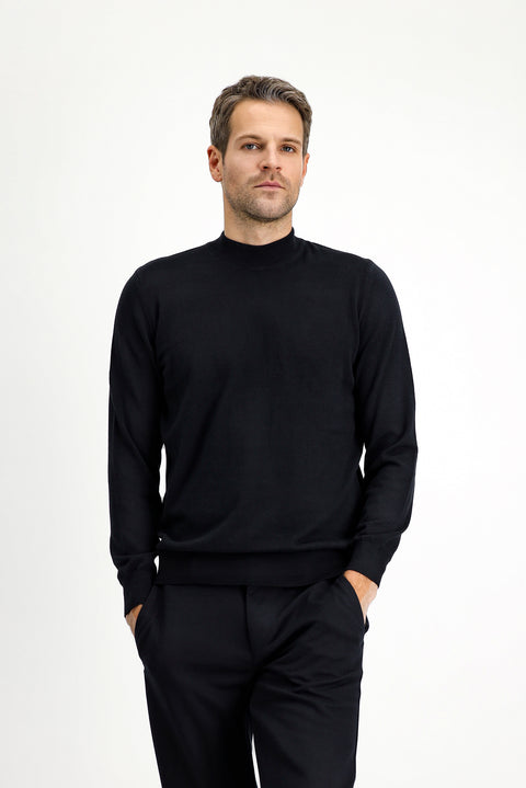 Black Half Turtleneck Regular Fit Cotton Cashmere Knit Sweater