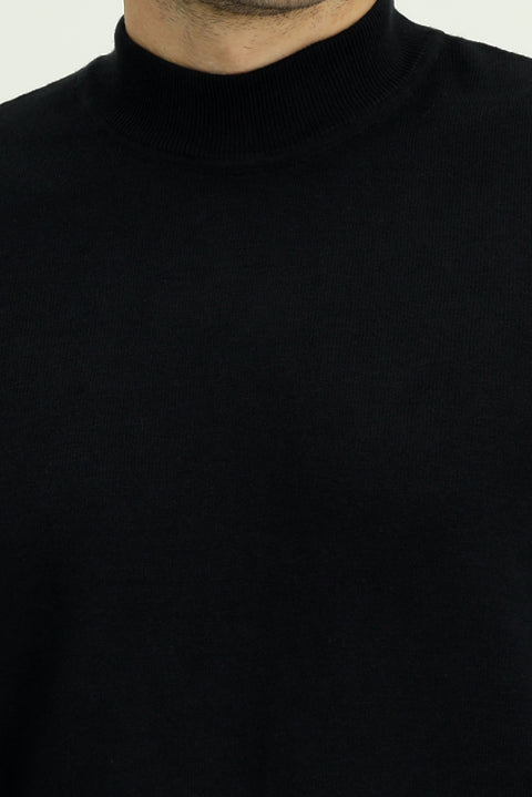 Black Half Turtleneck Regular Fit Cotton Cashmere Knit Sweater