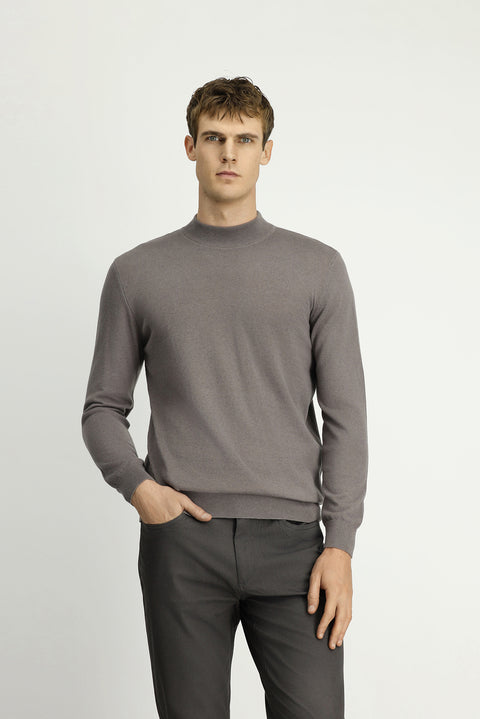 Medium Grey Melange Half Turtleneck Regular Fit Cotton Cashmere Knit Sweater